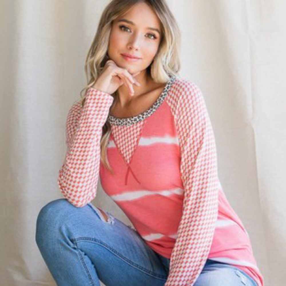 Long Sleeve Multi Print Top in Coral